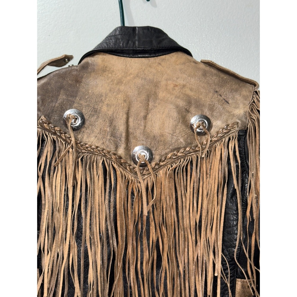 Vintage UNIK Leather Collections Fringed Concho Motorcycle Jacket Brown Black 36 - Picture 7 of 13